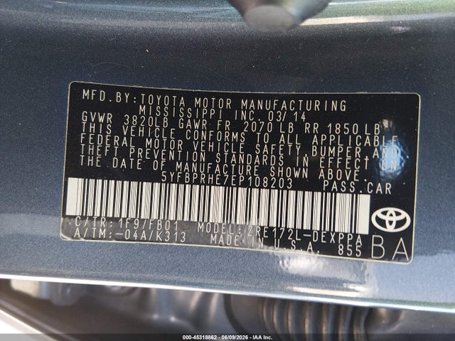 Toyota Corolla Le Eco Plus 2014 5YFBPRHE7EP108203 Image 9