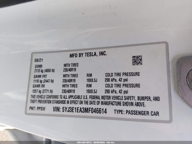 Tesla Model 3 Standard Range Plus Rear-wheel Drive 2021 5YJ3E1EA3MF046614 Image 9
