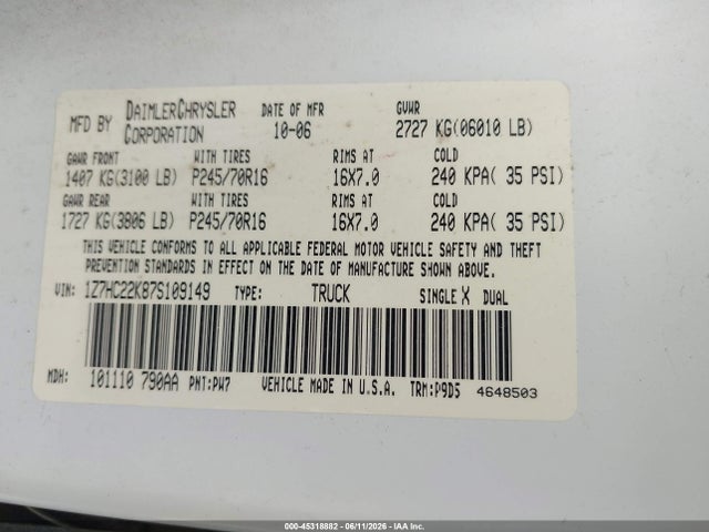 2007 Mitsubishi Raider Ls მანქანა იყიდება აუქციონზე, vin: 1Z7HC22K87S109149, აუქციონის ნომერი: 45318882