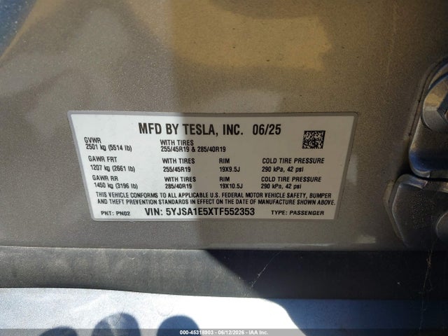 45318903 :رقم المزاد ، 5YJSA1E5XTF552353 vin ، 2026 Tesla Model S All-wheel Drive مزاد بيع