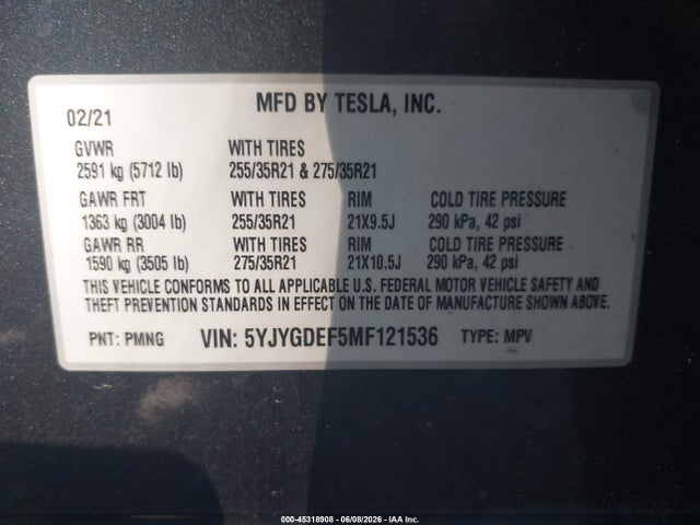 Aukcja sprzedaży 2021 Tesla Model Y Performance Dual Motor All-wheel Drive, vin: 5YJYGDEF5MF121536, numer aukcji: 45318908