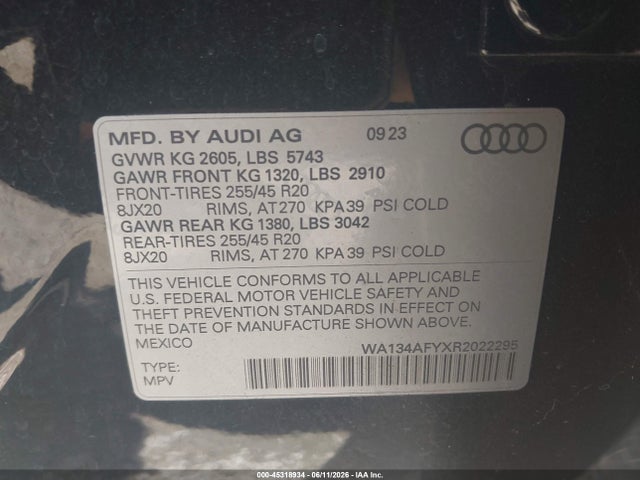 WA134AFYXR2022295 Audi Sq5 Sportback Prestige Tfsi Quattro Tiptronic