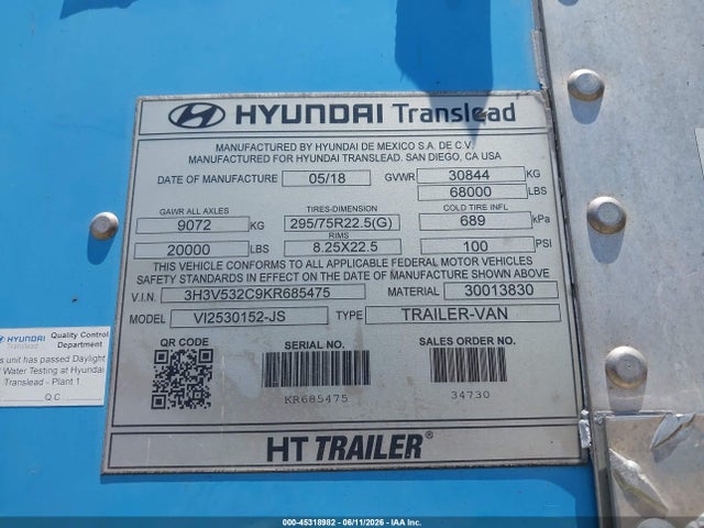 Hyundai Translead Inc Unknown 2019 3H3V532C9KR685475 Image 9