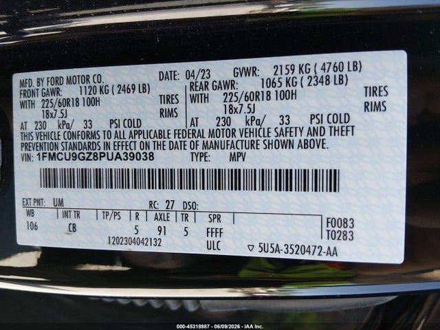 Auction sale of the 2023 Ford Escape Active, vin: 1FMCU9GZ8PUA39038, lot number: 45318987