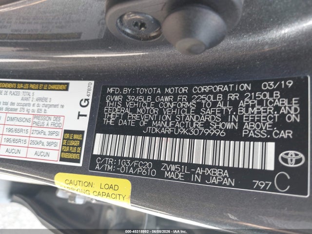 Toyota Prius L Eco 2019 JTDKARFU9K3079996 Image 9