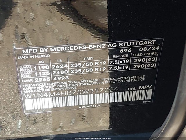 2025 Mercedes-benz Glb 250 4matic მანქანა იყიდება აუქციონზე, vin: W1N4M4HB7SW397024, აუქციონის ნომერი: 45319000