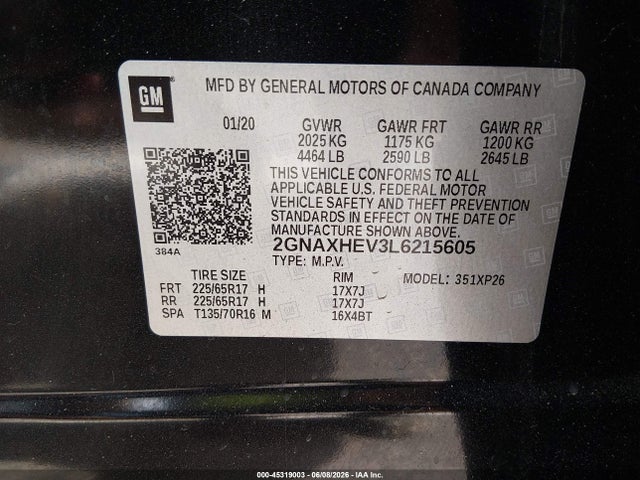 2020 Chevrolet Equinox Ls მანქანა იყიდება აუქციონზე, vin: 2GNAXHEV3L6215605, აუქციონის ნომერი: 45319003