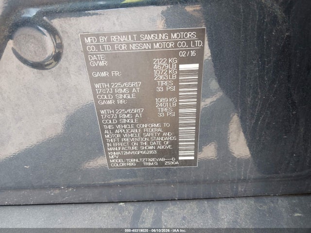 Aukcja sprzedaży 2016 Nissan Rogue Sv, vin: KNMAT2MV6GP662163, numer aukcji: 45319020
