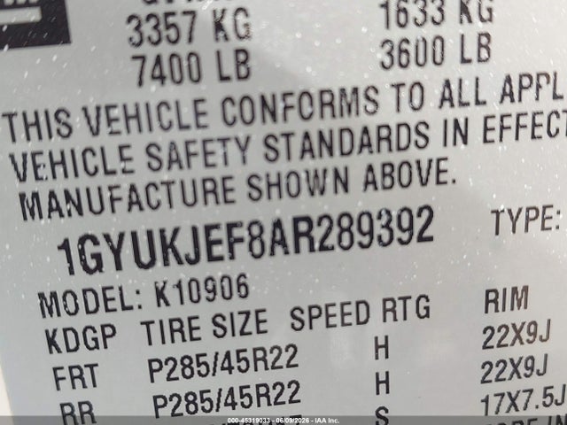 45319033 :رقم المزاد ، 1GYUKJEF8AR289392 vin ، 2010 Cadillac Escalade Esv Premium مزاد بيع