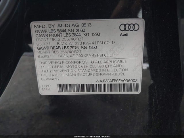 45319034 :رقم المزاد ، WA1VGAFP9EA036003 vin ، 2014 Audi Sq5 3.0t Premium Plus مزاد بيع