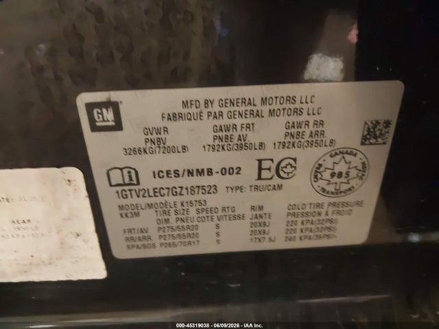 45319038 :رقم المزاد ، 1GTV2LEC7GZ187523 vin ، 2016 Gmc Sierra 1500 مزاد بيع