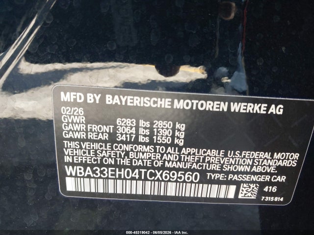 Aukcja sprzedaży 2026 Bmw 740i Xdrive, vin: WBA33EH04TCX69560, numer aukcji: 45319042