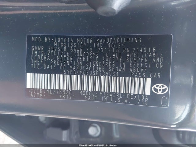 2025 Toyota Corolla Le მანქანა იყიდება აუქციონზე, vin: 5YFB4MDE3SP239061, აუქციონის ნომერი: 45319055