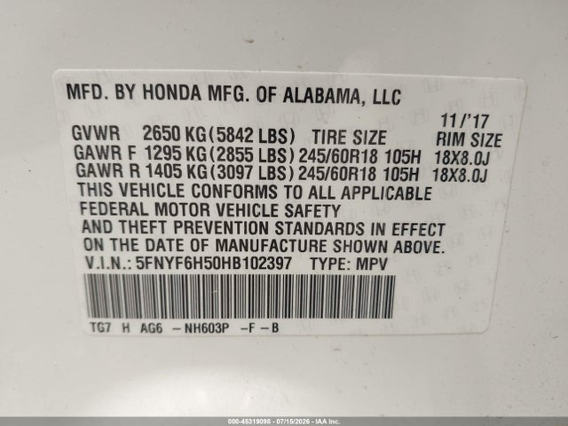 Honda Pilot Ex-l 2017 5FNYF6H50HB102397 Image 9