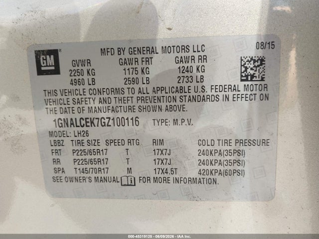 Chevrolet EQUINOX LT 2016 1GNALCEK7GZ100116 Image 9