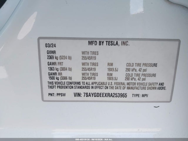 Aukcja sprzedaży 2024 Tesla Model Y Long Range Dual Motor All-wheel Drive, vin: 7SAYGDEEXRA253965, numer aukcji: 45319135