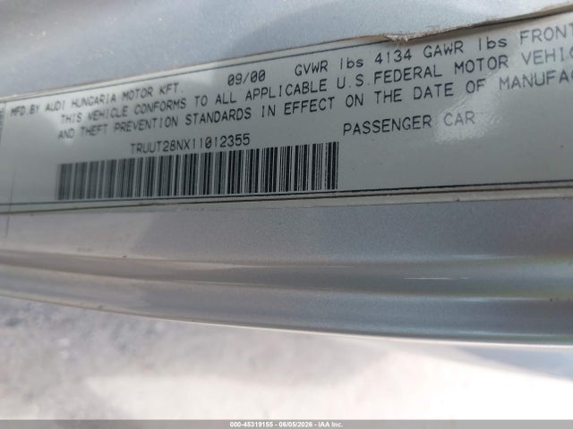 45319155 :رقم المزاد ، TRUUT28NX11012355 vin ، 2001 Audi Tt مزاد بيع