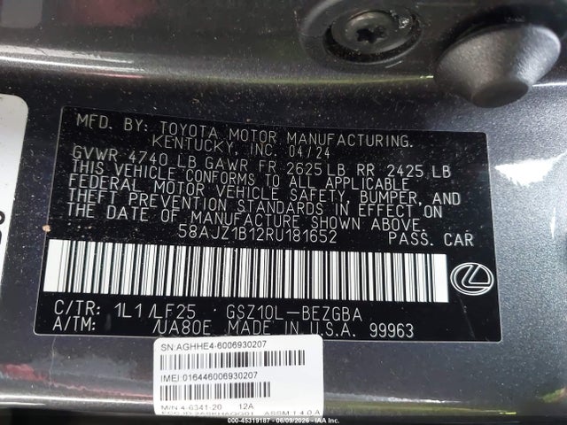 2024 Lexus Es 350 F Sport Handling მანქანა იყიდება აუქციონზე, vin: 58AJZ1B12RU181652, აუქციონის ნომერი: 45319187
