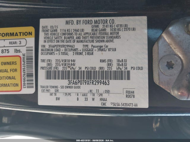 2015 Ford Fusion Se მანქანა იყიდება აუქციონზე, vin: 3FA6P0T9XFR299463, აუქციონის ნომერი: 45319191