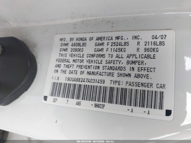 Продаж на аукціоні авто 2007 Acura Tl 3.2, vin: 19UUA66247A031459, номер лоту: 45319196