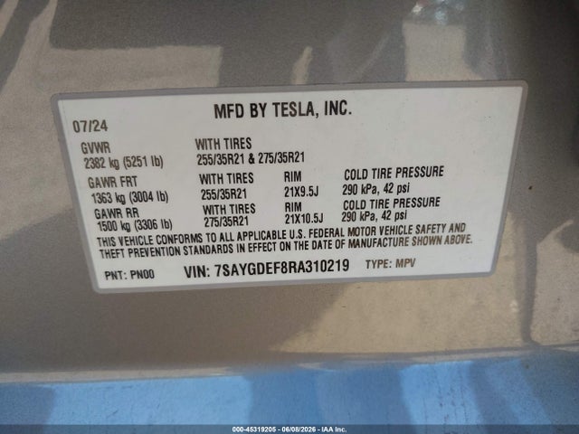 45319205 :رقم المزاد ، 7SAYGDEF8RA310219 vin ، 2024 Tesla Model Y Performance Dual Motor All-wheel Drive مزاد بيع