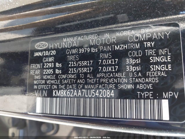 Aukcja sprzedaży 2020 Hyundai Kona Sel Plus, vin: KM8K62AA7LU542084, numer aukcji: 45319211