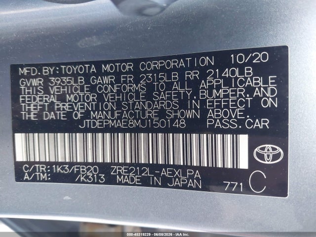 45319229 :رقم المزاد ، JTDEPMAE8MJ150148 vin ، 2021 Toyota Corolla Le مزاد بيع