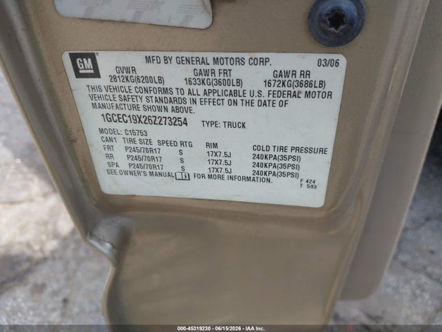 2006 Chevrolet Silverado 1500 Work Truck მანქანა იყიდება აუქციონზე, vin: 1GCEC19X26Z273254, აუქციონის ნომერი: 45319230