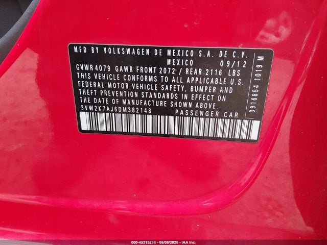Продаж на аукціоні авто 2013 Volkswagen Jetta 2.0l S, vin: 3VW2K7AJ6DM382148, номер лоту: 45319234
