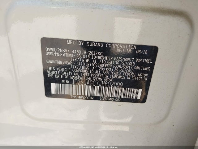 2018 Subaru Forester 2.5i Premium მანქანა იყიდება აუქციონზე, vin: JF2SJAGC7JH602099, აუქციონის ნომერი: 45319242