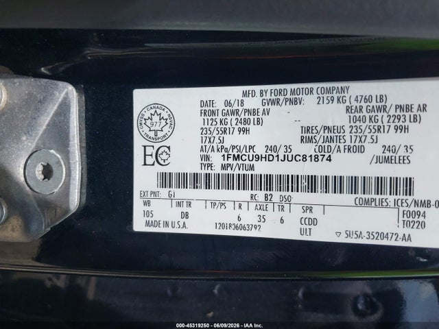 Aukcja sprzedaży 2018 Ford Escape Sel, vin: 1FMCU9HD1JUC81874, numer aukcji: 45319250