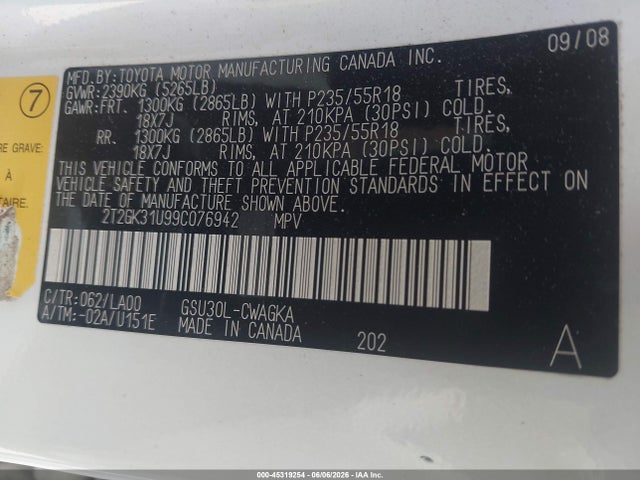 Aukcja sprzedaży 2009 Lexus Rx 350, vin: 2T2GK31U99C076942, numer aukcji: 45319254