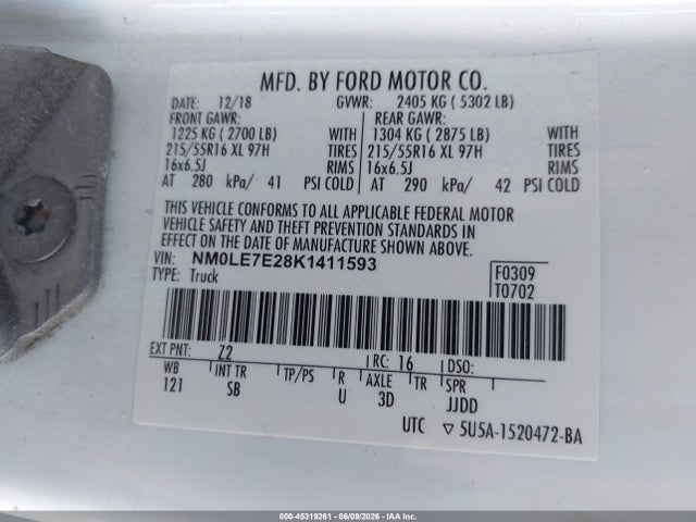 Aukcja sprzedaży 2019 Ford Transit Connect Xl, vin: NM0LE7E28K1411593, numer aukcji: 45319261