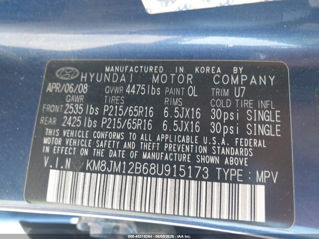 Aukcja sprzedaży 2008 Hyundai Tucson Gls, vin: KM8JM12B68U915173, numer aukcji: 45319264