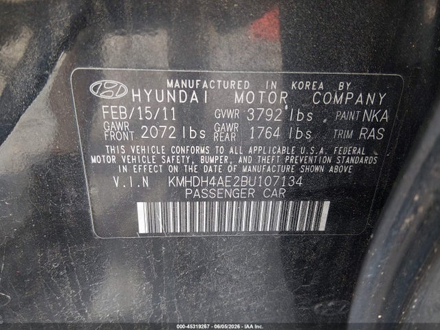 Продаж на аукціоні авто 2011 Hyundai Elantra Gls (ulsan Plant), vin: KMHDH4AE2BU107134, номер лоту: 45319267
