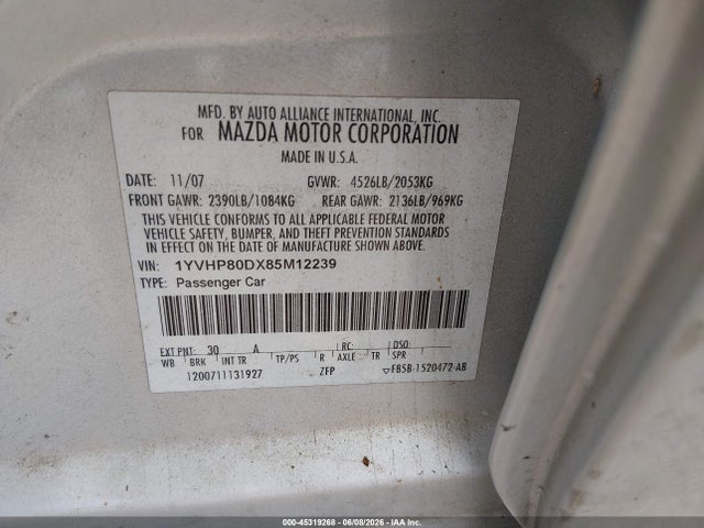 45319268 :رقم المزاد ، 1YVHP80DX85M12239 vin ، 2008 Mazda Mazda6 S Touring مزاد بيع