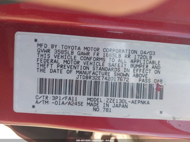 Продажа на аукционе авто 2004 Toyota Corolla Le, vin: JTDBR32E742017672, номер лота: 45319285