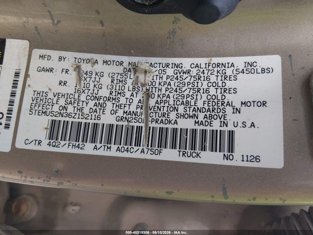45319306 :رقم المزاد ، 5TEMU52N36Z152116 vin ، 2006 Toyota Tacoma Base V6 مزاد بيع