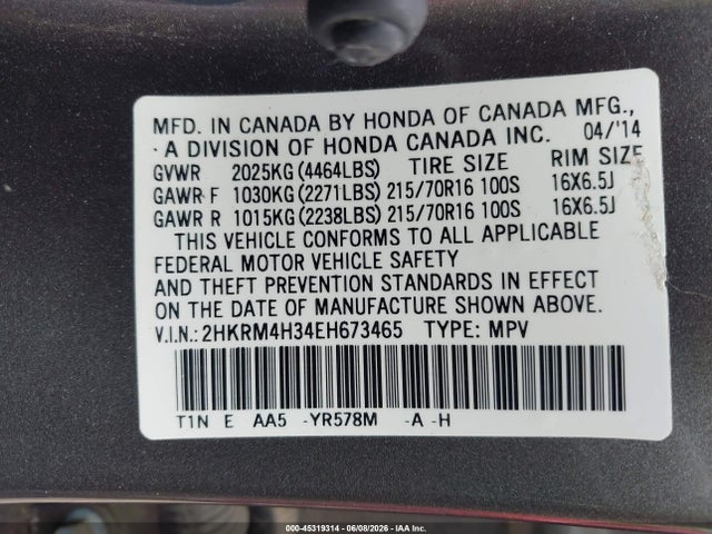 2014 Honda Cr-v Lx მანქანა იყიდება აუქციონზე, vin: 2HKRM4H34EH673465, აუქციონის ნომერი: 45319314