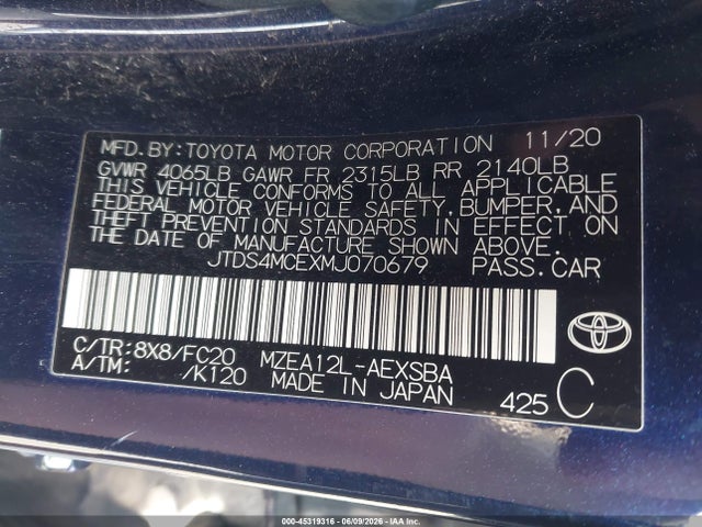 Продаж на аукціоні авто 2021 Toyota Corolla Se, vin: JTDS4MCEXMJ070679, номер лоту: 45319316