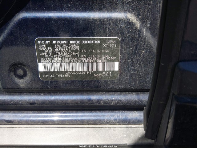 45319322 :رقم المزاد ، JA4AZ3A30LZ013457 vin ، 2020 Mitsubishi Outlander Le 2.4 S-awc مزاد بيع