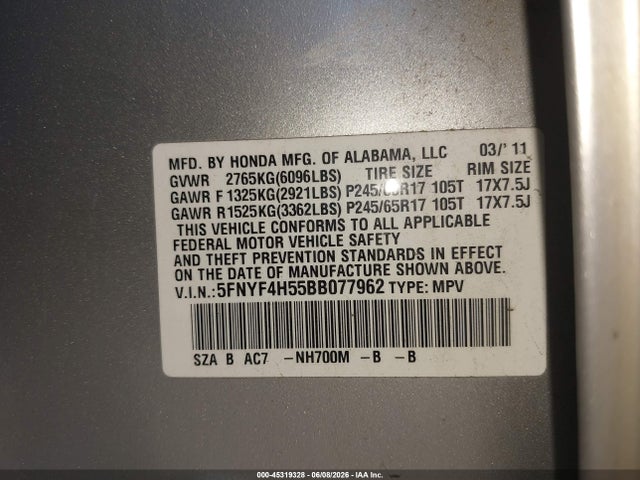 2011 Honda Pilot Ex-l მანქანა იყიდება აუქციონზე, vin: 5FNYF4H55BB077962, აუქციონის ნომერი: 45319328