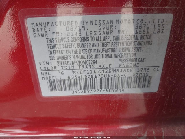 Nissan SENTRA SV 2019 3N1AB7AP7KY407294 Image 9