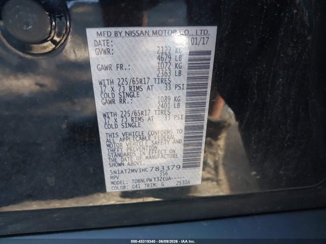 45319340 :رقم المزاد ، 5N1AT2MV3HC783379 vin ، 2017 Nissan Rogue S مزاد بيع