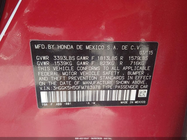 Продажа на аукционе авто 2015 Honda Fit Lx, vin: 3HGGK5H50FM783978, номер лота: 45319341