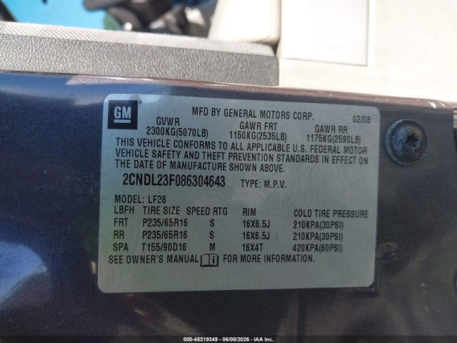 Aukcja sprzedaży 2008 Chevrolet Equinox Ls, vin: 2CNDL23F086304643, numer aukcji: 45319349