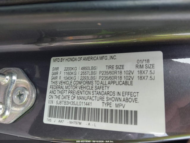 2018 Acura Rdx Acurawatch Plus Package მანქანა იყიდება აუქციონზე, vin: 5J8TB3H35JL011441, აუქციონის ნომერი: 45319369