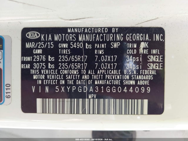 KIA Sorento 2.4l Lx 2016 5XYPGDA31GG044099 Image 9