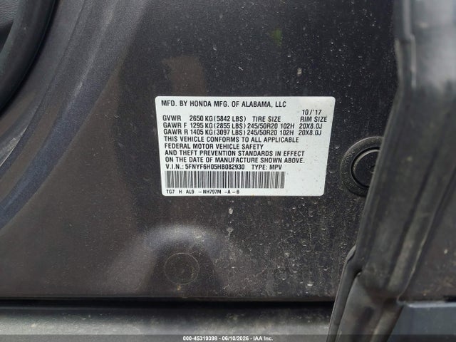 Honda Pilot Elite 2017 5FNYF6H05HB082930 Image 9