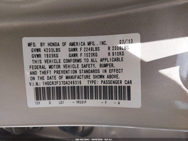 Aukcja sprzedaży 2013 Honda Accord Lx, vin: 1HGCR2F37DA249316, numer aukcji: 45319441